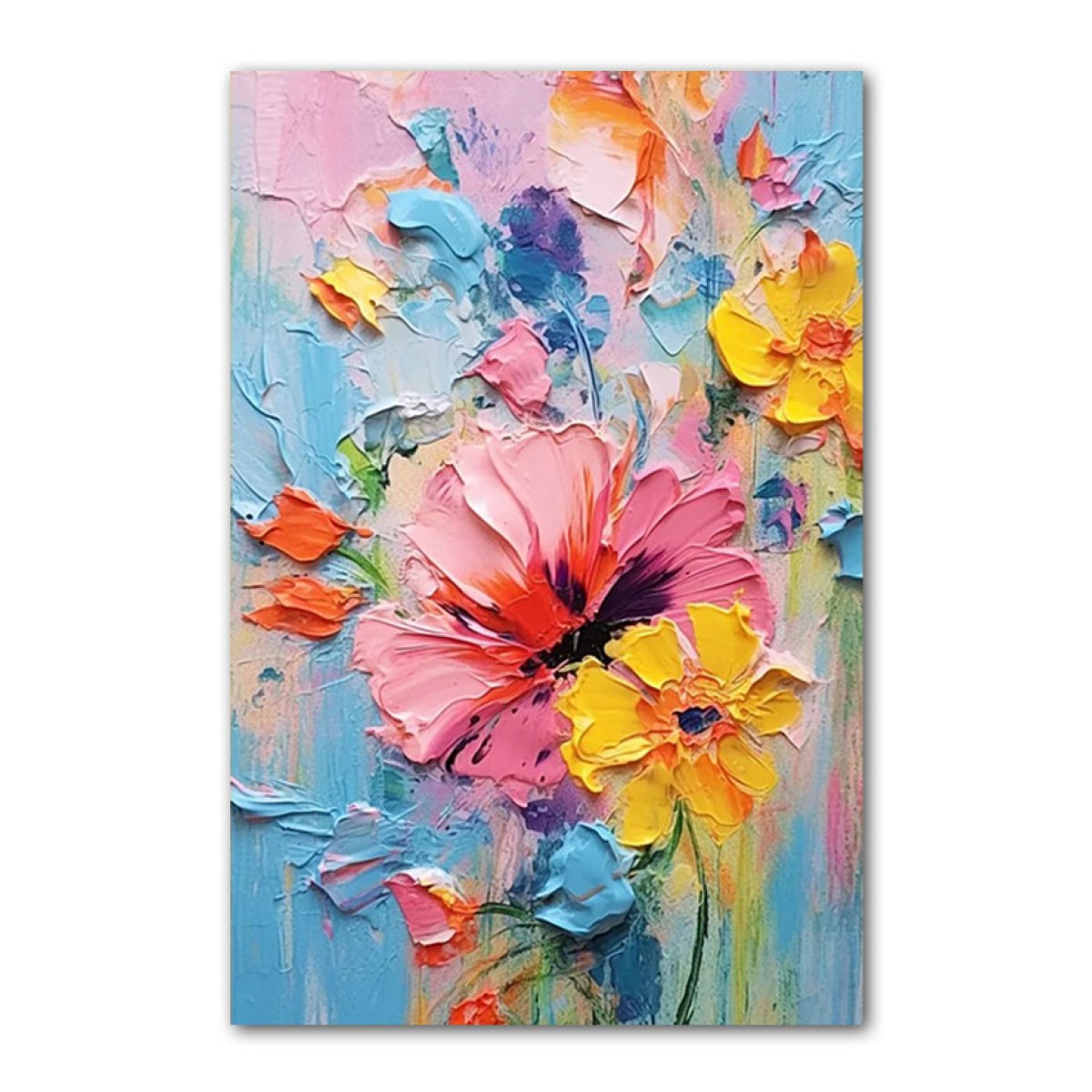 Abstract Pink Yellow Flowers 3d Heavy Textured Partial Oil Painting